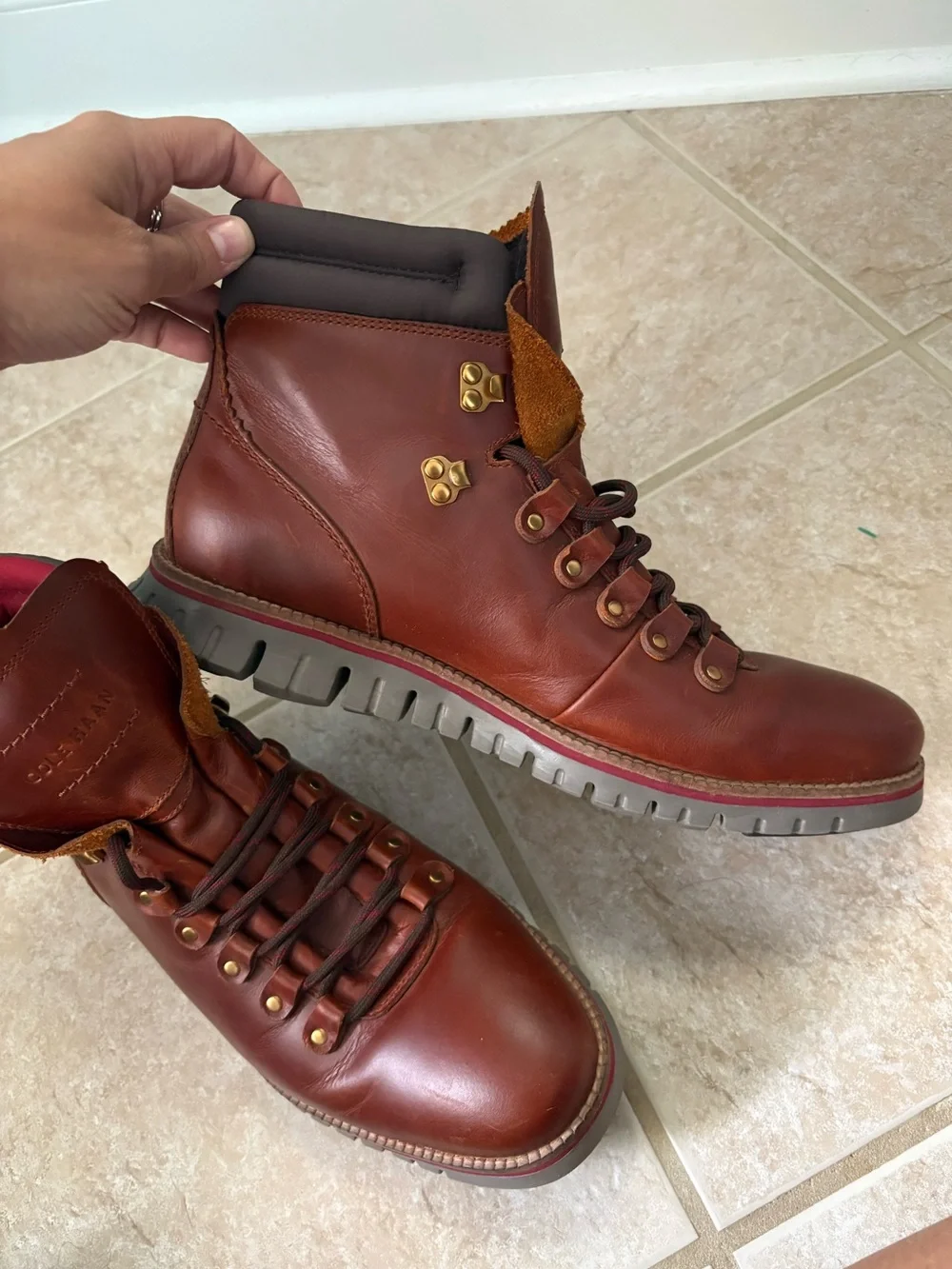Cole Haan Men's Zerogrand Hiker Waterproof Boots in British Tan leather sz 10